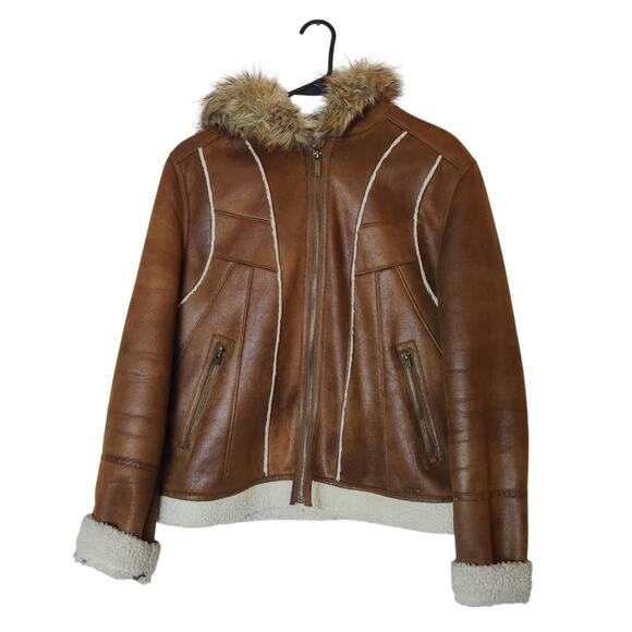 Vtg Y2K LEI Penny Lane Coat Faux Suede & Fur Hooded Jacket Sherpa Lined Large - Picture 1 of 11
